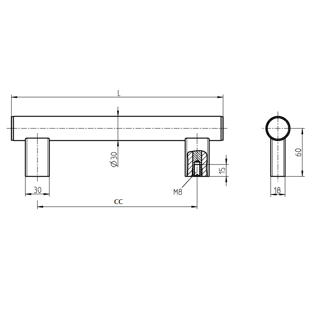 Bridge handle, aluminium, L=465, B=30, H=75