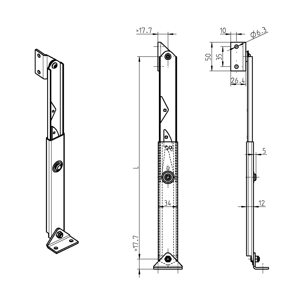 Lid stay, steel, 1 position(s), L=215mm, Ø6,3mm holes