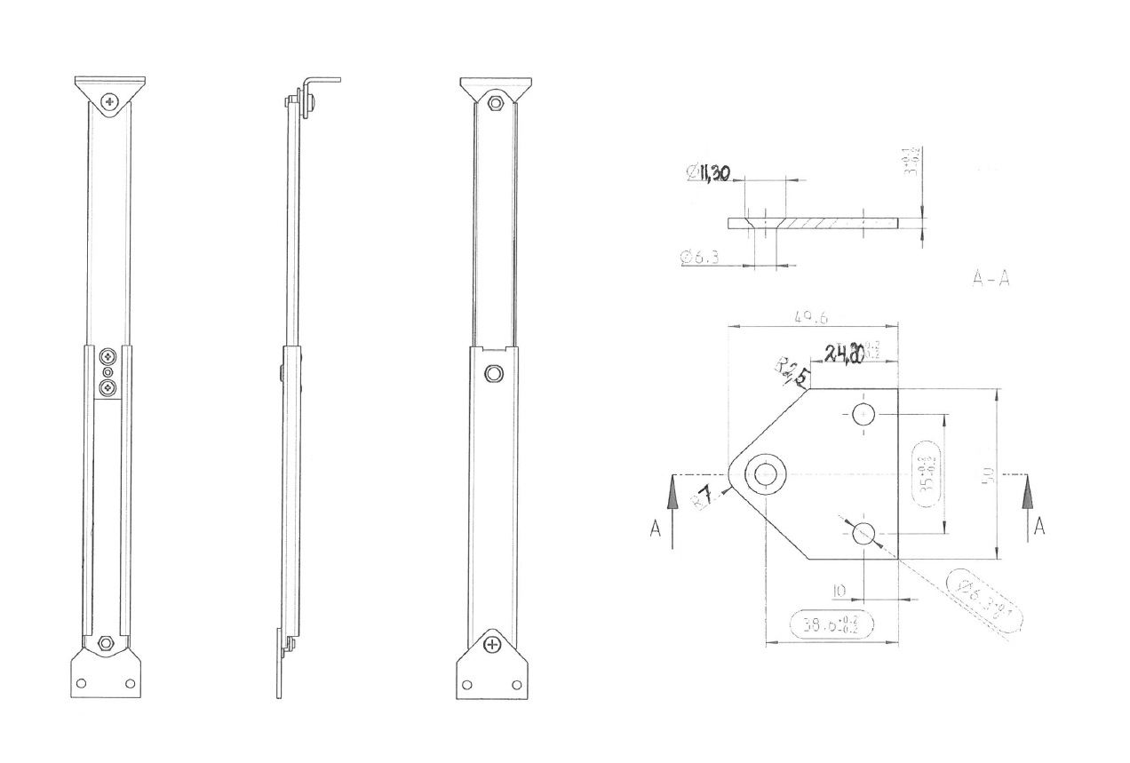 Lid stay, steel, 1 position(s), L=213mm, Ø6,3mm holes