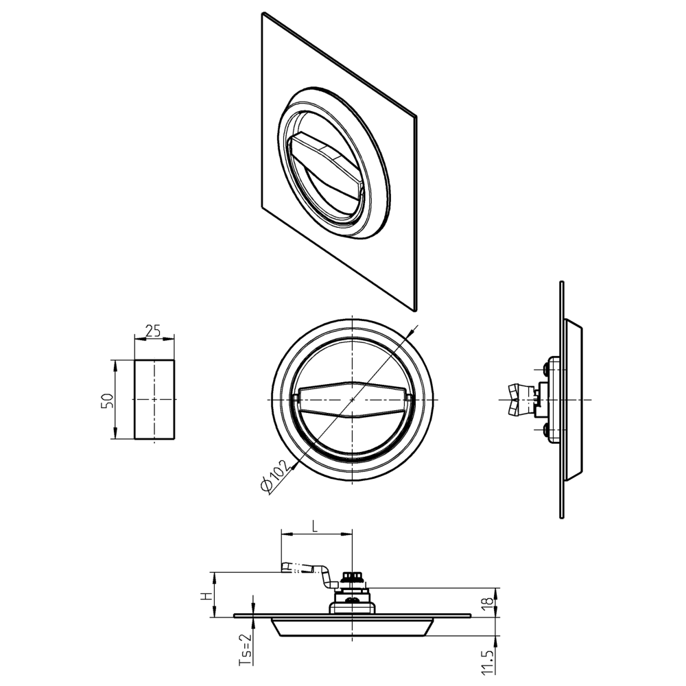 Housing with ring handle, non locking, acid proof stainless steel, L=mm, GH=18mm, plate thickness=2-2mm