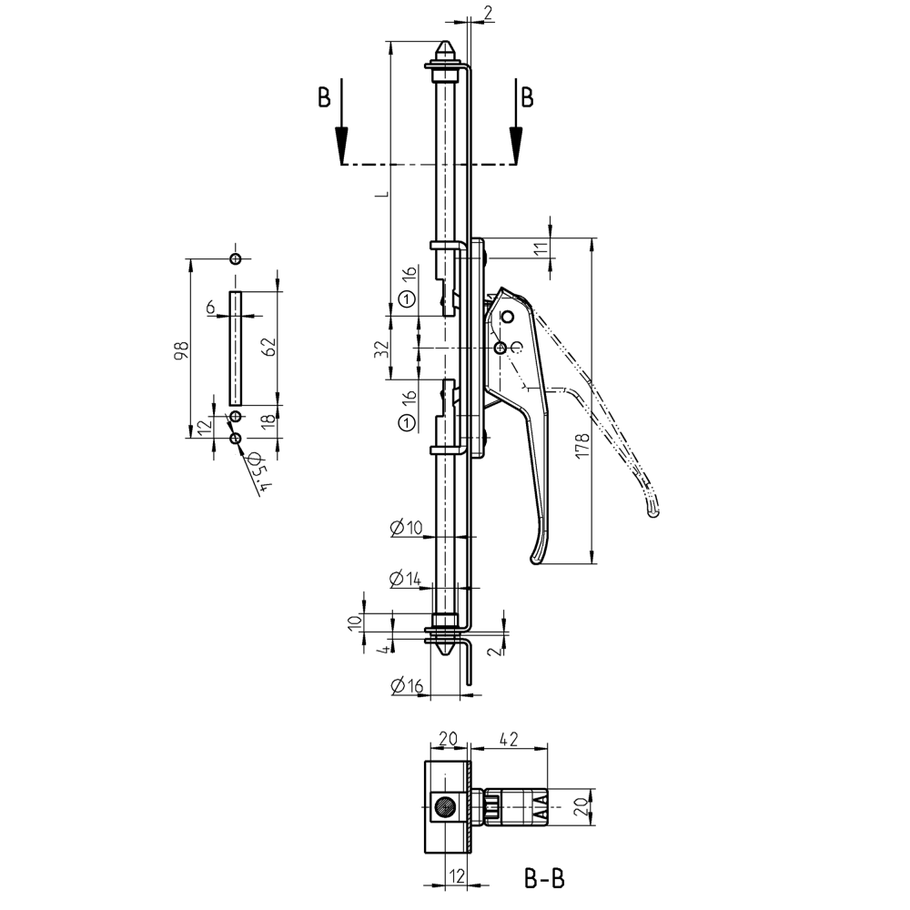 Lifthandle, glass fiber reinforced polyamide, screw-on, L=178, D=10