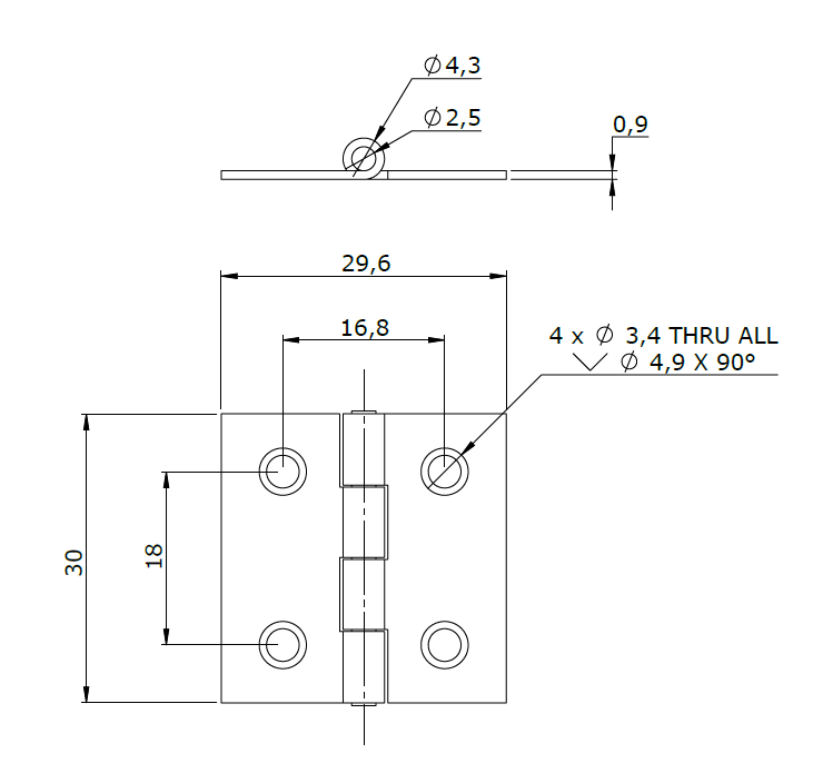Butt hinge w/holes, steel, L=30, B=29,6, T=0,9