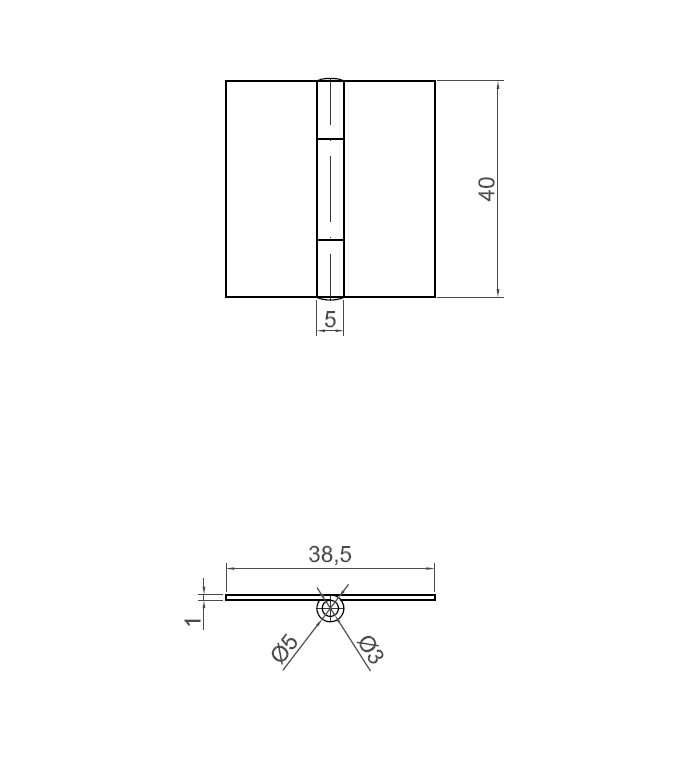 Butt hinge w/o holes, stainless steel, L=40, B=39,7, T=1