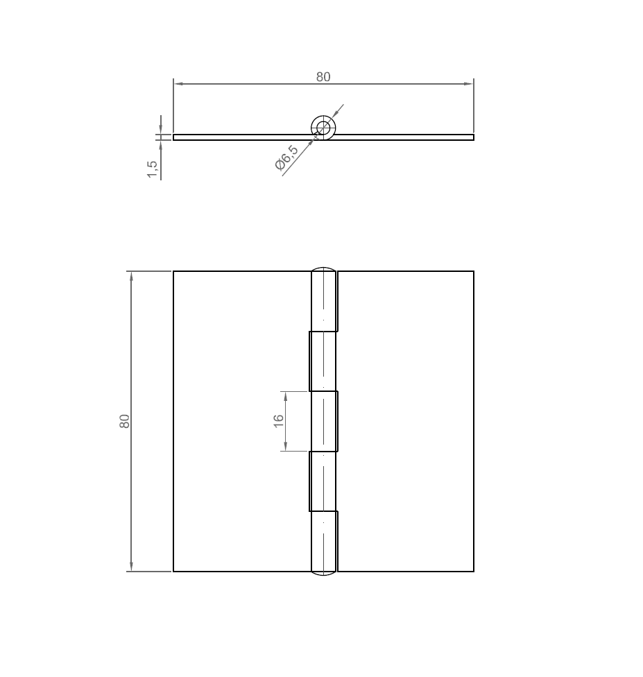 Butt hinge w/o holes, stainless steel, L=80, B=80, T=1,5