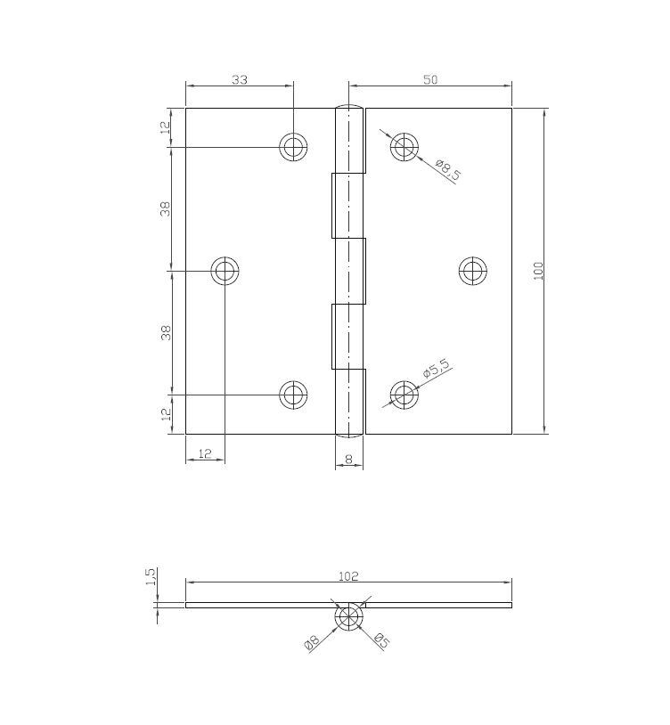 Butt hinge w/holes, stainless steel, L=100, B=100, T=1,5