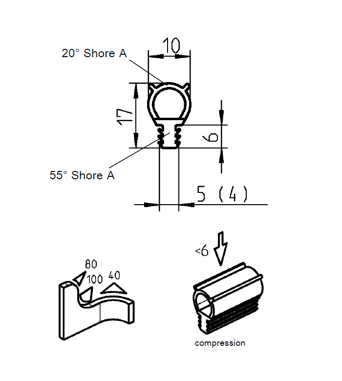 Rubber profile, top bulb, black epdm, clamping channel width=4, H=17, B=10