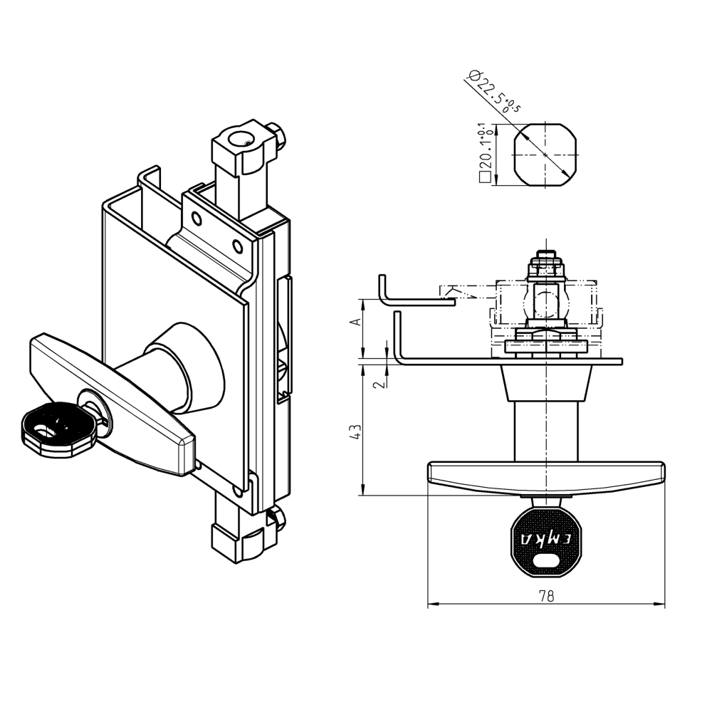 T-handle, die-cast zinc, screw-on, L=78, A-dimension=20, Keyed alike EK333