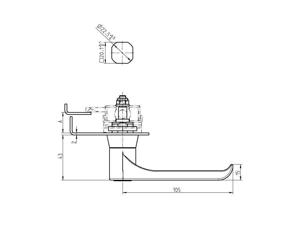 L-handle, die-cast zinc, screw-on, L=105, A-dimension=26, Non locking