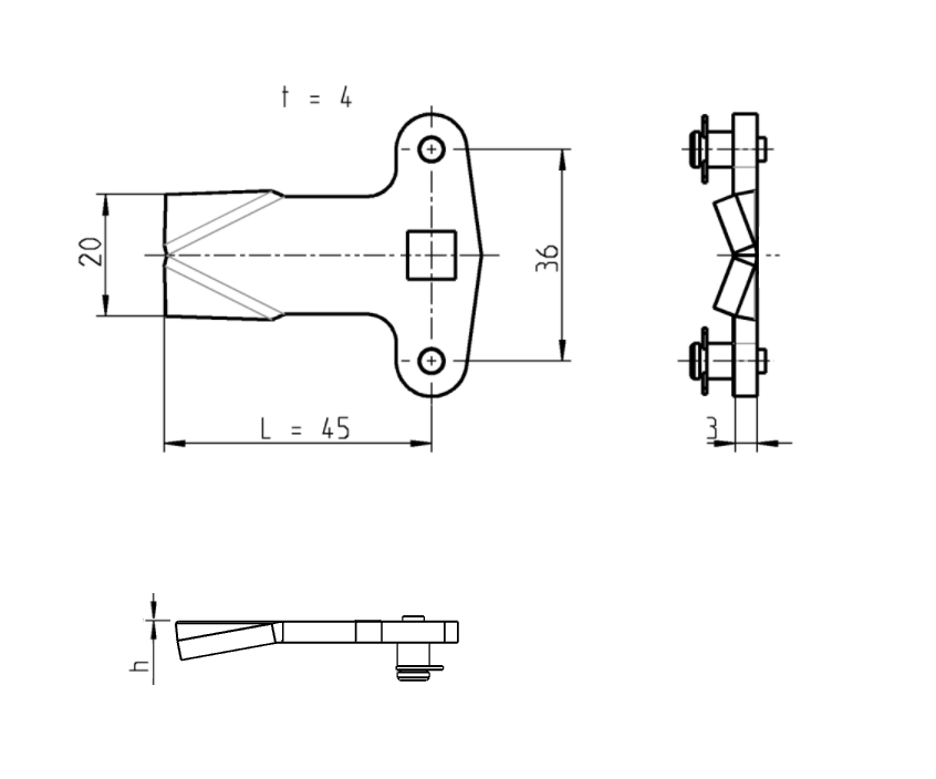 Cam, rod control, steel, L=45, B=20, offset height=0 mm.
