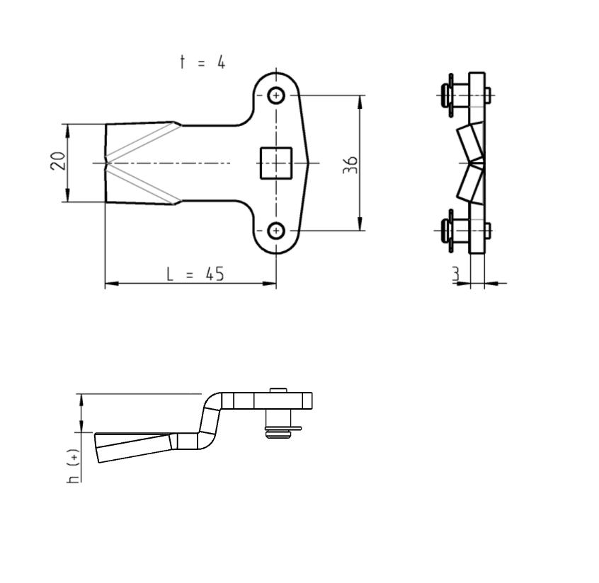 Cam, rod control, steel, L=45, B=20, offset height=2 mm.