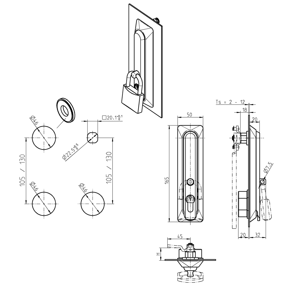 Swinghandle, glass fiber reinforced polyamide, profile half cylinder 40mm, L=165, B=50, H=32, Plate thickness=2-12