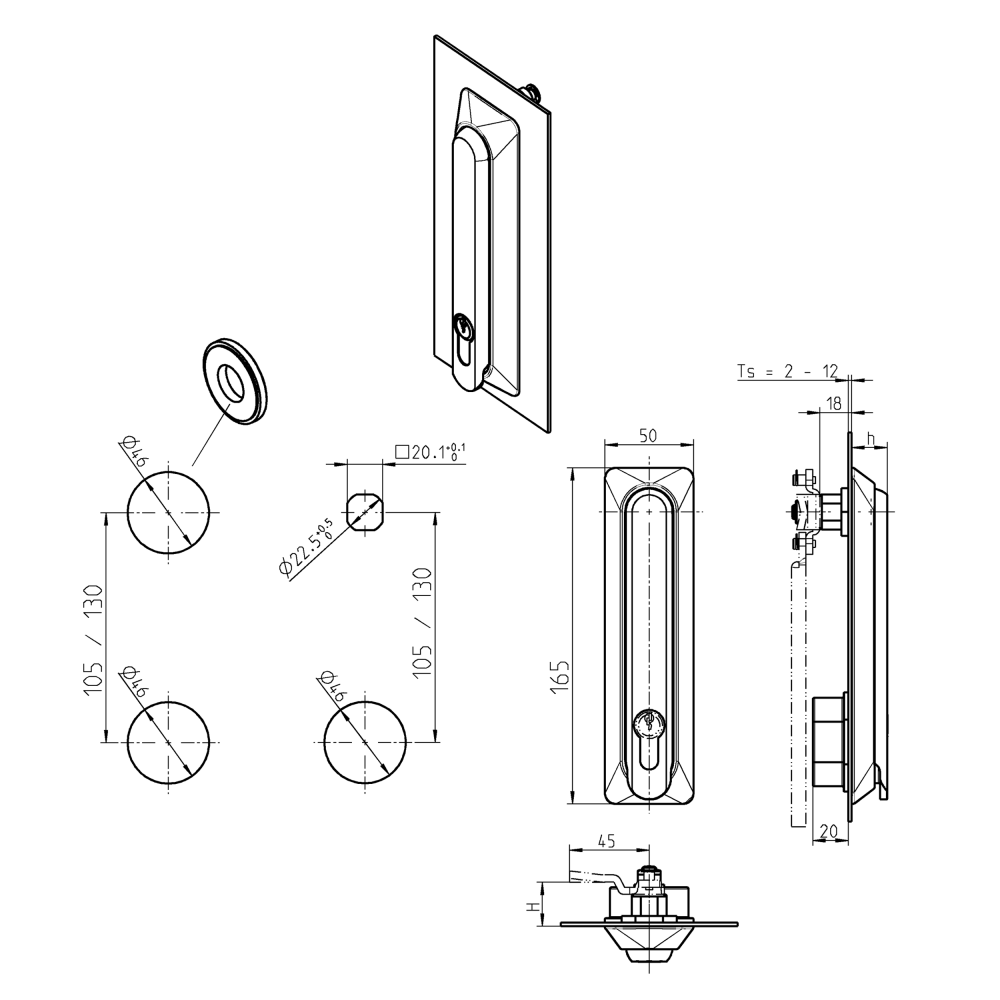 Swinghandle, glass fiber reinforced polyamide, profile half cylinder 45mm, L=165, B=50, H=25, Plate thickness=2-12