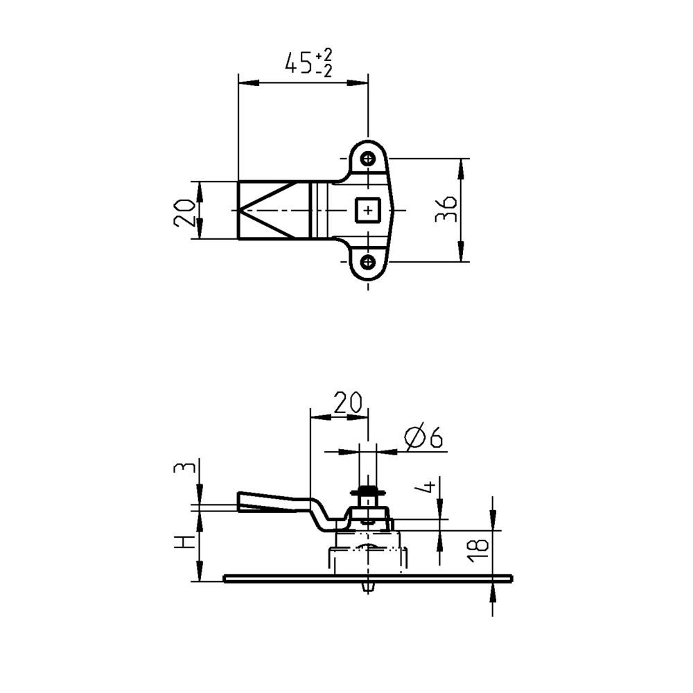 Cam, rod control, steel, L=45, B=20, offset height=10 mm