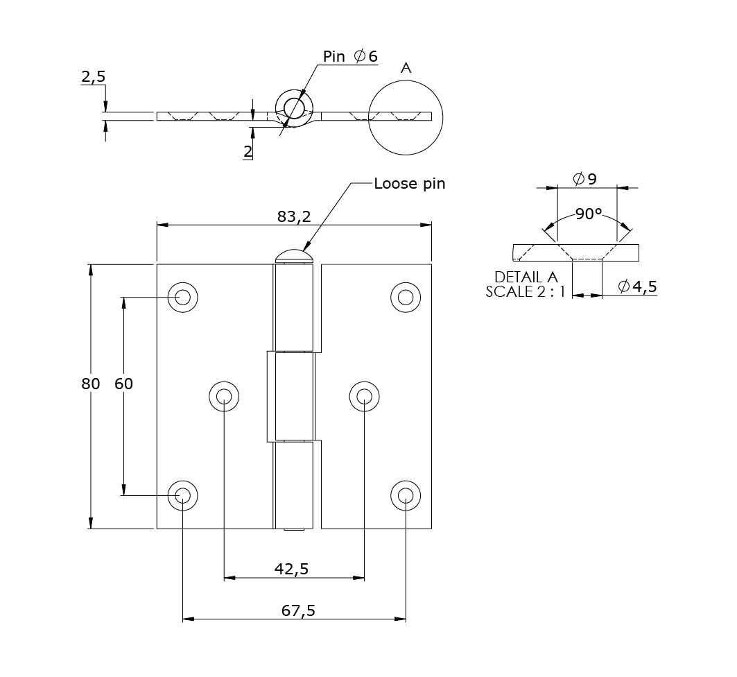 Butt hinge w/holes, stainless steel, L=80, B=80, T=2,5