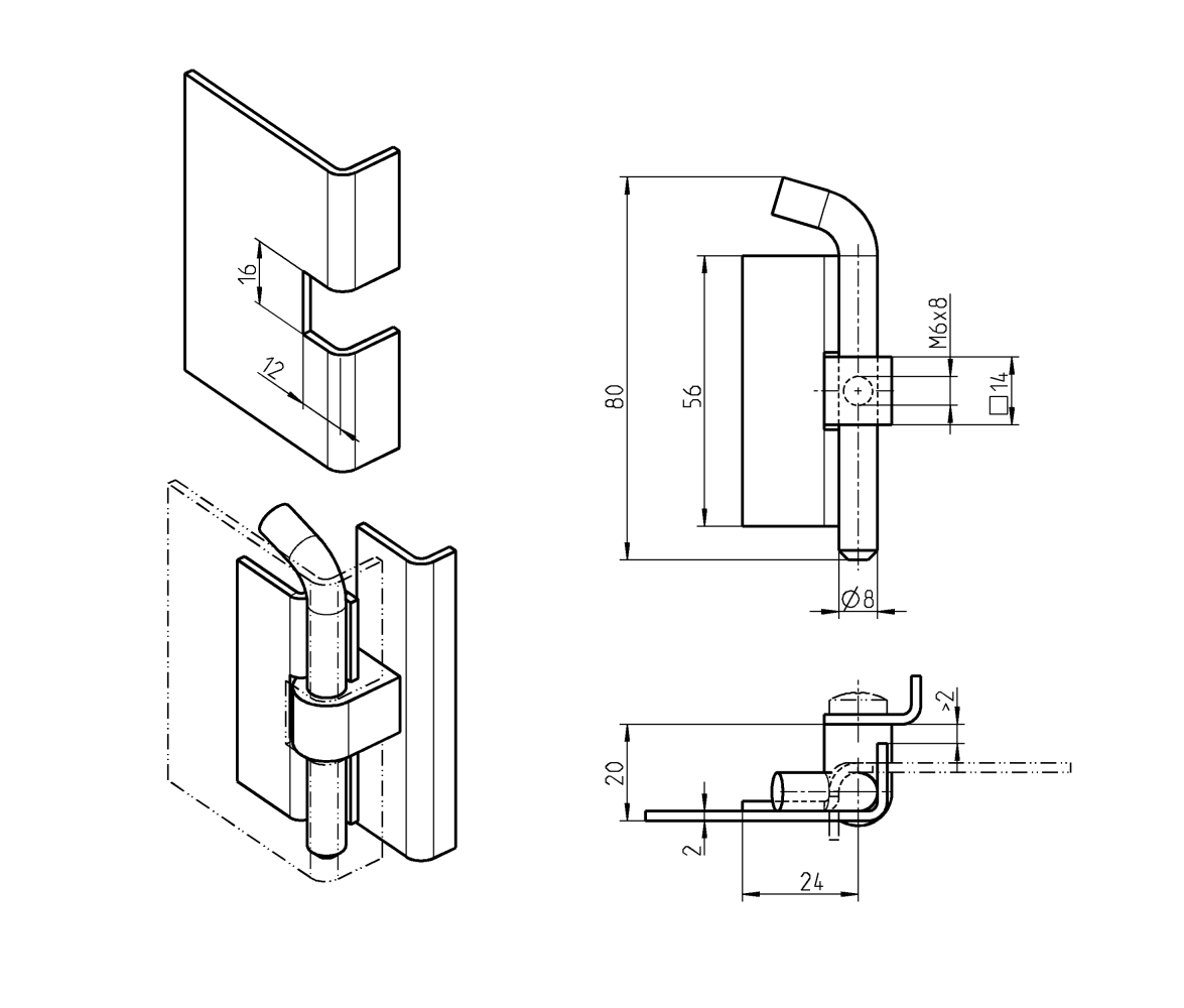Cabinet hinge, steel, flush door - concealed, loose pin, L=56, B=30, H=20