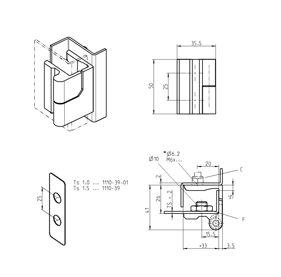 Cabinet hinge, right, die-cast zinc, flush door - visible, lift off pin, L=50, B=35,5, H=41