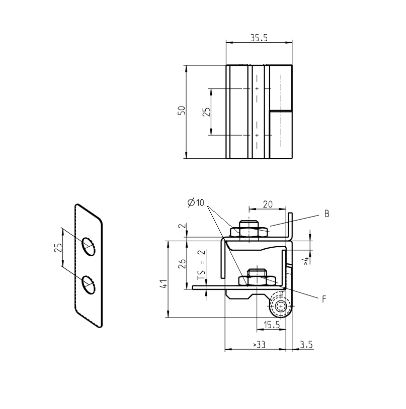 Cabinet hinge, left, die-cast zinc, flush door - visible, lift off pin, L=50, B=35,5, H=41