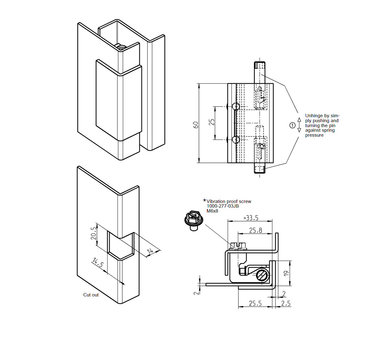 Cabinet hinge, die-cast zinc, flush door - visible, lift off pin, L=60, B=34,5, H=27,5