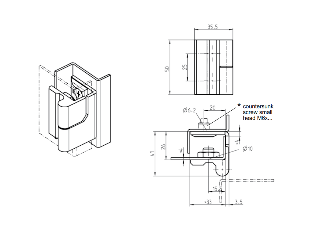 Cabinet hinge, acid proof steel, flush door - visible, lift off pin, L=50, B=35,5, H=41