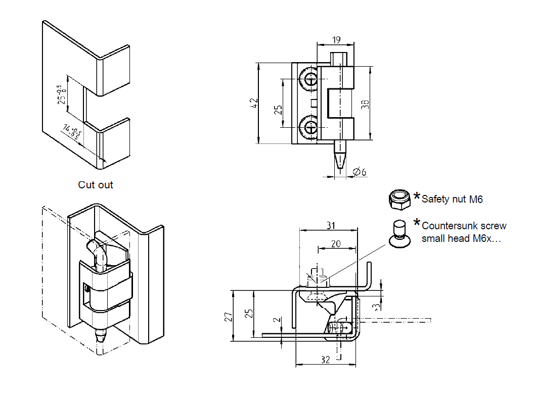Cabinet Hinge, die-cast zinc, flush door - visible, loose pin, L=42, B=32, H=27
