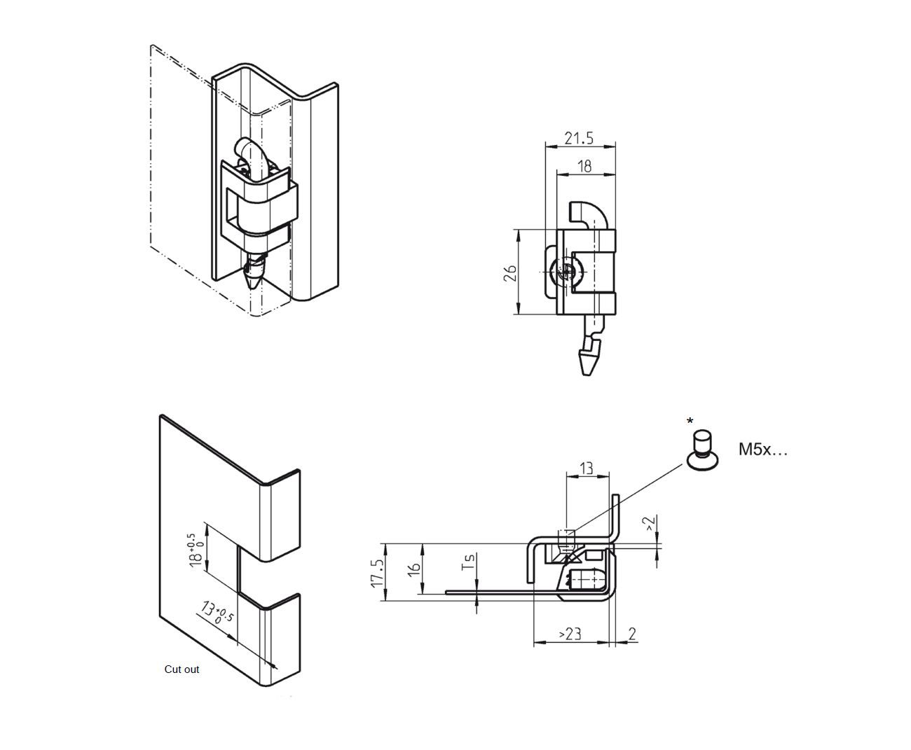 Cabinet hinge, glass fiber reinforced polyamide, flush door - visible, loose pin, L=26, B=21,5, H=17,5