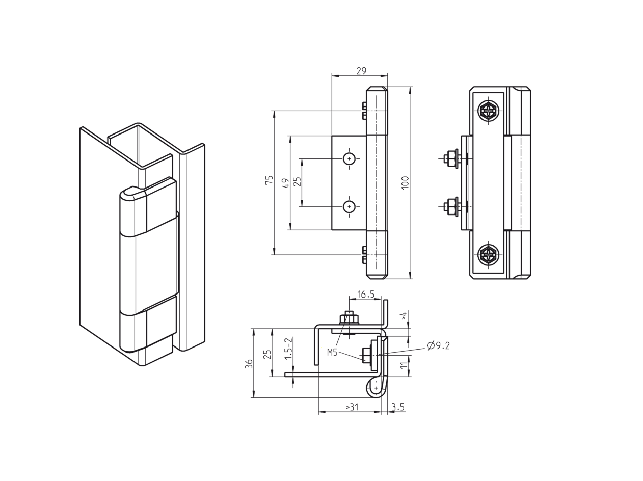 Cabinet hinge, die-cast zinc, flush door - visible, fixed pin, L=100, B=29, H=36