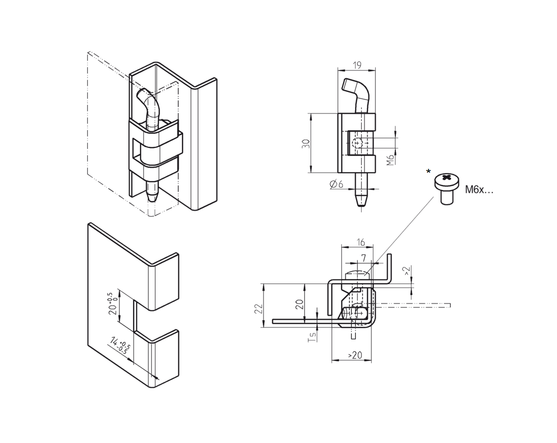 Cabinet hinge, die-cast zinc, flush door - visible, loose pin, L=30, B=19, H=22