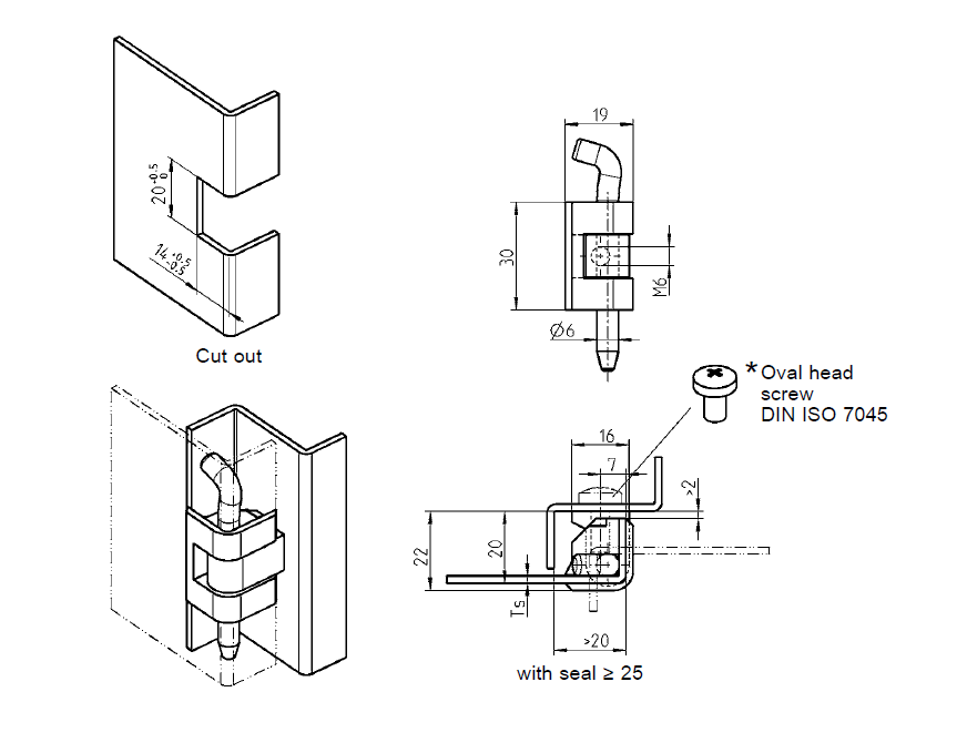Cabinet Hinge, acid proof stainless steel, flush door - visible, loose pin, L=30, B=19, H=22
