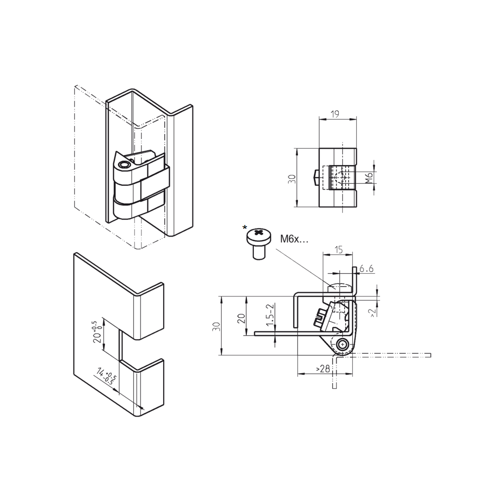Cabinet hinge, acid proof steel, flush door - visible, fixed pin, L=30, B=19, H=30