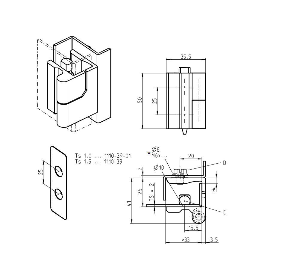 Cabinet hinge, right, die-cast zinc, flush door - visible, lift off pin, L=50, B=35,5, H=41