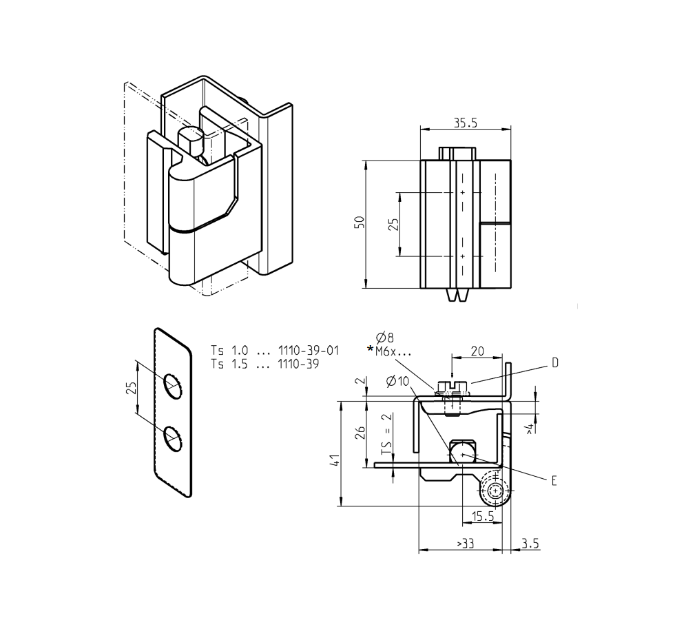 Cabinet hinge, left, die-cast zinc, flush door - visible, lift off pin, L=50, B=35,5, H=41