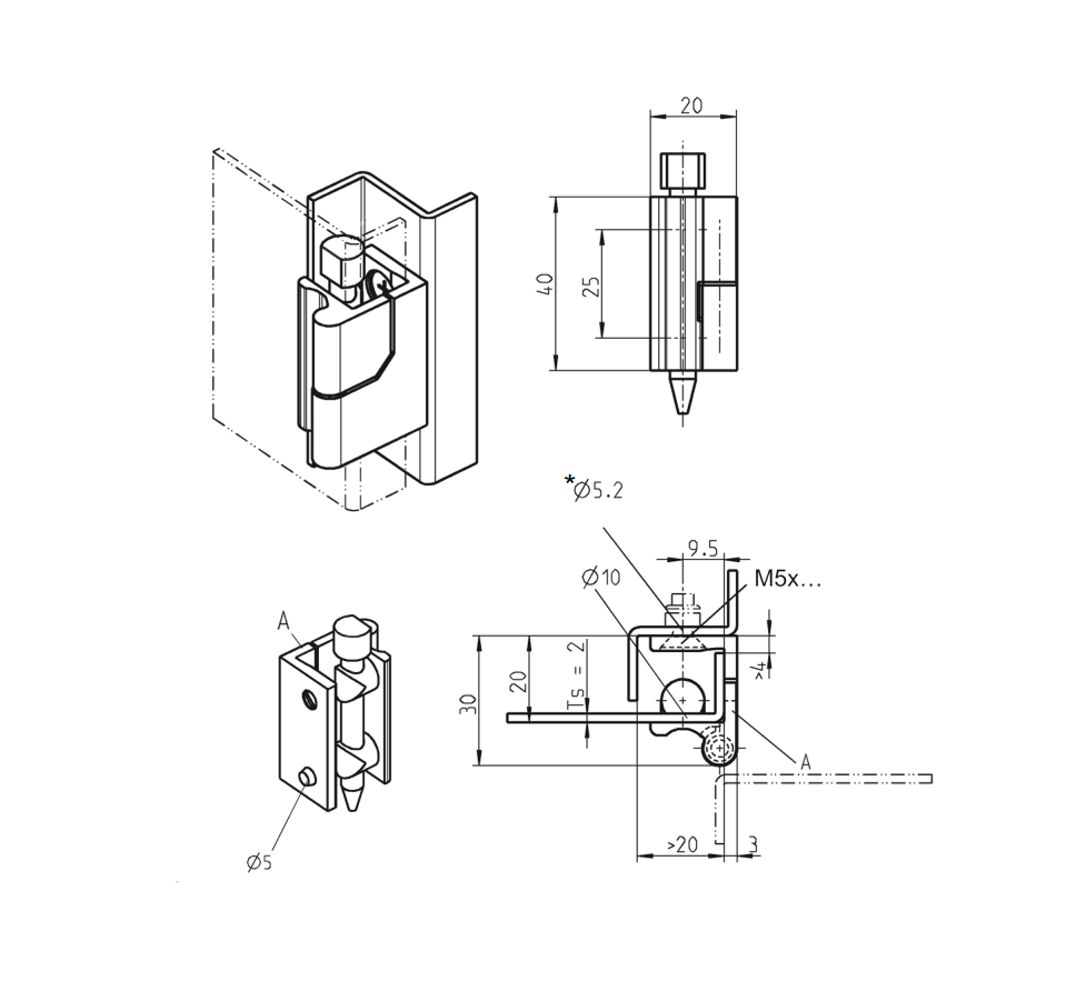 Cabinet hinge, left, die-cast zinc, flush door - visible, lift off pin, L=40, B=20, H=30