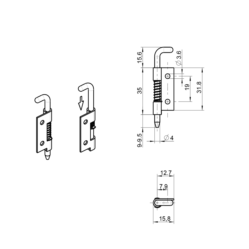 Cabinet hinge, steel, electro zinc plated, prominent door - concealed, loose pin, L=35, B=15,8, H=6,2