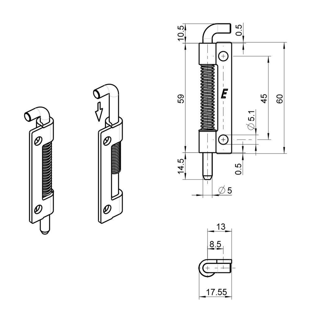 Cabinet hinge, left, stainless steel, prominent door - concealed, loose pin, L=60, B=17,55, H=9,1