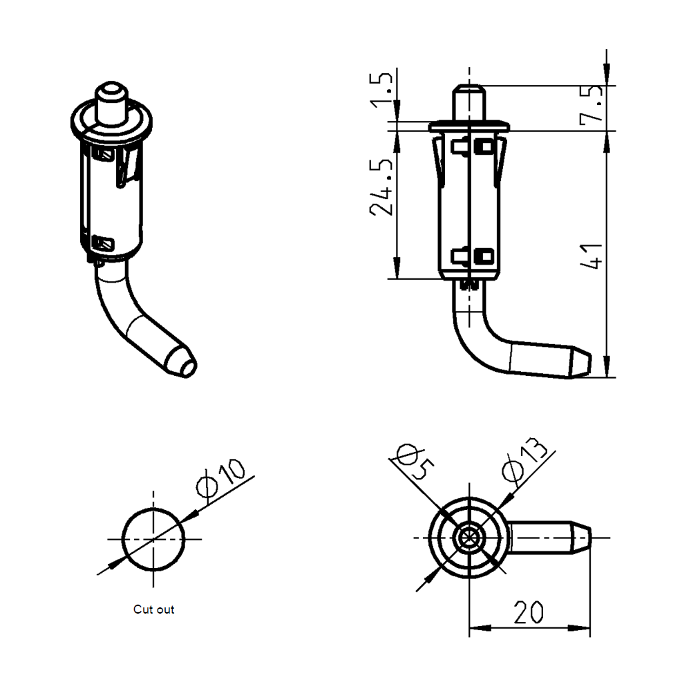Cabinet hinge, glass fiber reinforced polyamide, prominent door - concealed, loose pin, L=26, B=13, H=13