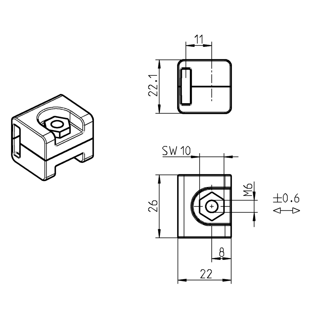 Rod guide, glass fiber reinforced polyamide, L=26, B=22, H=22,1