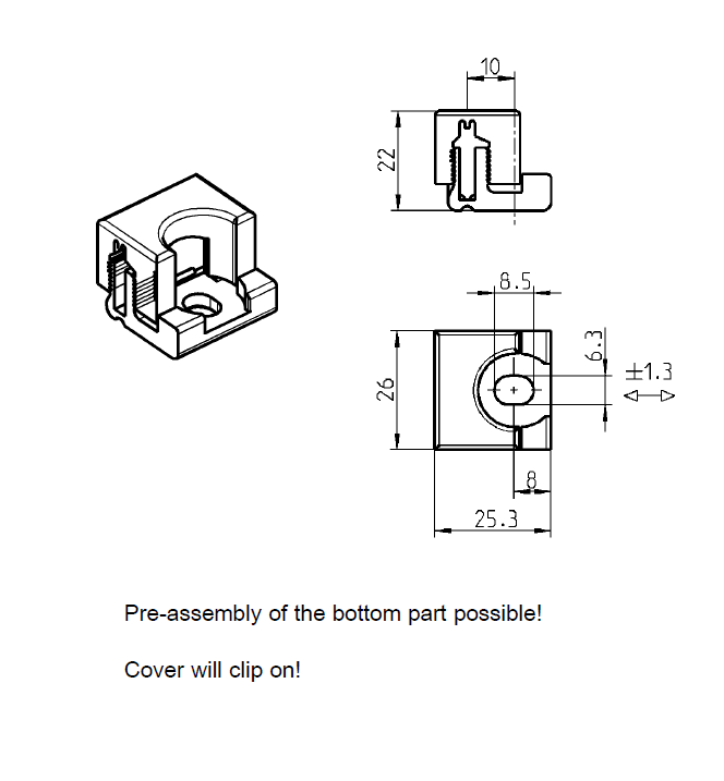 Rod guide, glass fiber reinforced polyamide, L=26, B=25,3, H=22