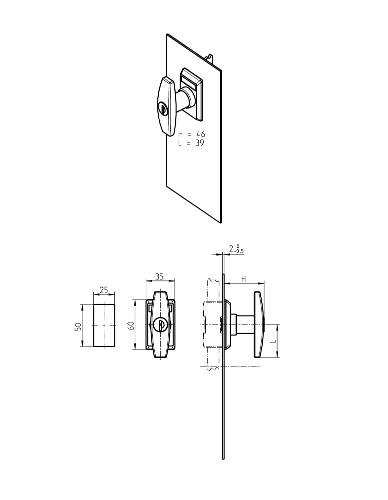Escutcheon for swinghandle, glass fiber reinforced polyamide, t-handle, L=60, B=35, H=46, Plate thickness=2-2