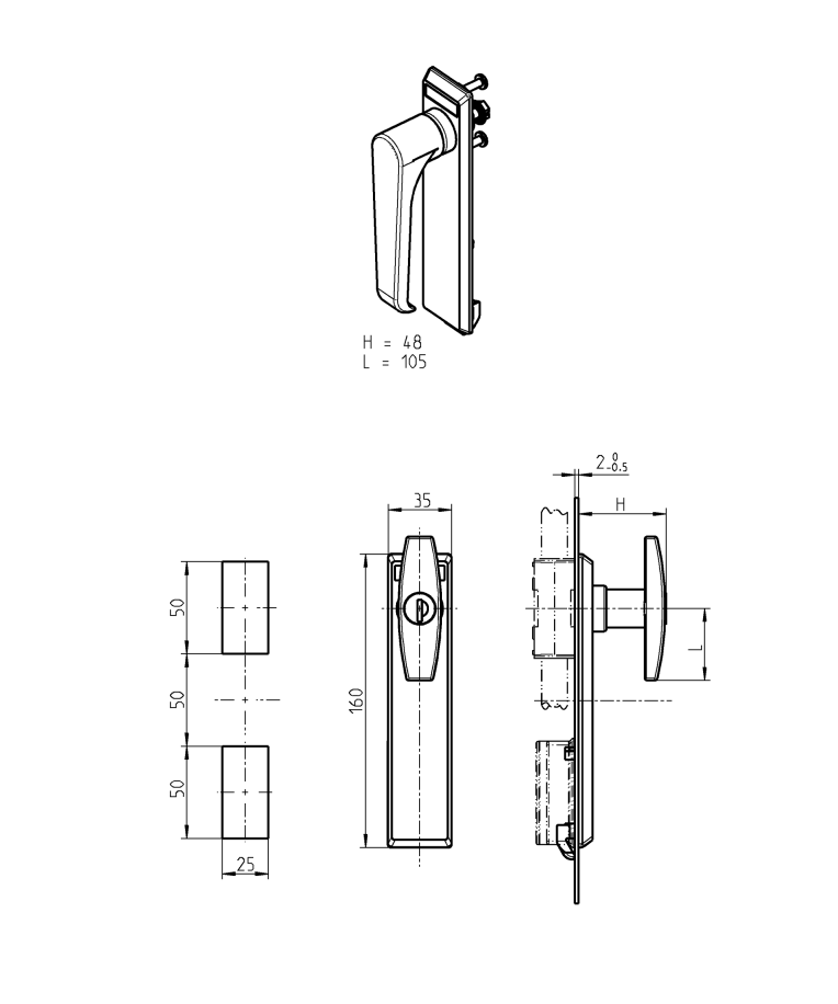 Escutcheon for swinghandle, glass fiber reinforced polyamide, l-handle, L=160, B=35, H=48, Plate thickness=2-2