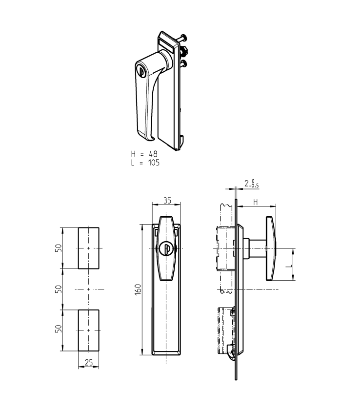 Escutcheon for swinghandle, glass fiber reinforced polyamide, l-handle, cylinder lock, L=160, B=35, H=48, Plate thickness=2-2