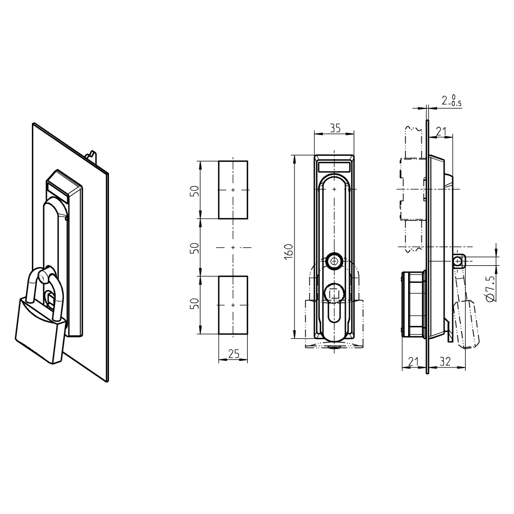 Swinghandle, glass fiber reinforced polyamide, profile half cylinder 40mm, L=160, B=35, H=32, Plate thickness=1,5-2