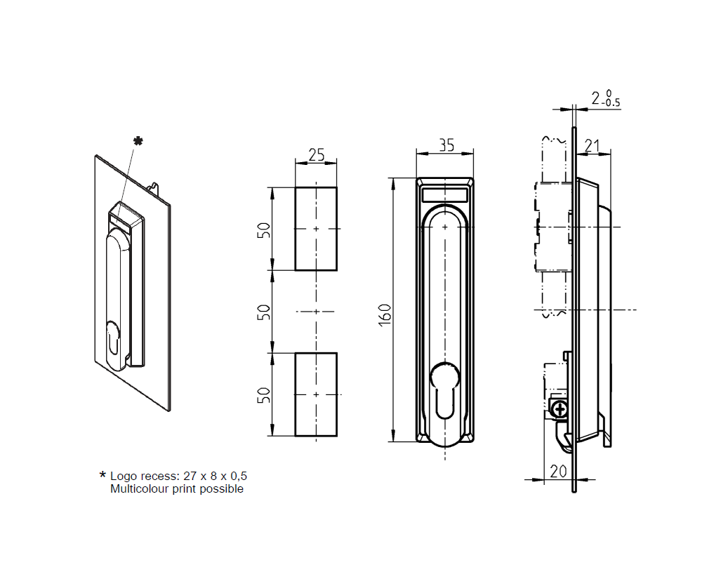Swinghandle, glass fiber reinforced polyamide, profile half cylinder 40mm, L=160, B=25, H=21, Plate thickness=1,5-2