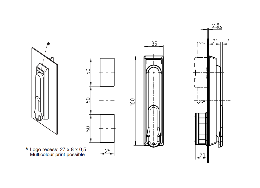Swinghandle, acid proof stainless steel, profile half cylinder 40mm, L=160, B=25, H=21, Plate thickness=1,5-2