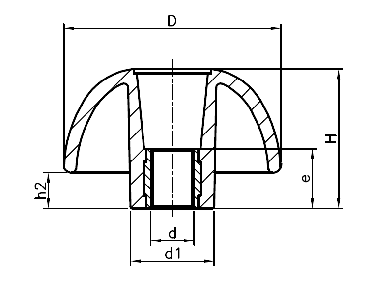 Star Knob, glass fiber reinforced polyamide, through thread M6, D=32 mm, H=20mm