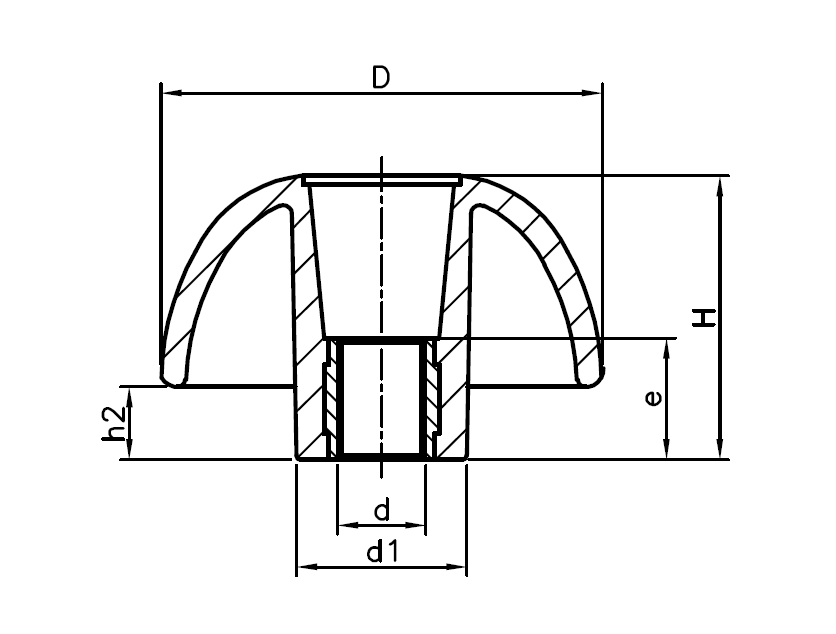 Star knob, glass fiber reinforced polyamide, through thread M8, D=40 mm, H=25mm