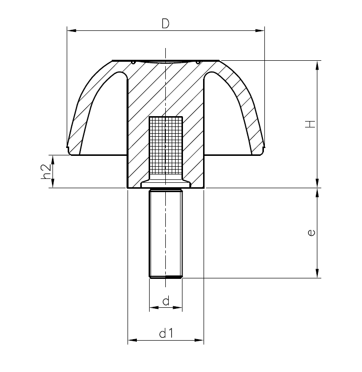 Star Knob, glass fiber reinforced polyamide, male thread M8, D=40 mm, H=25mm