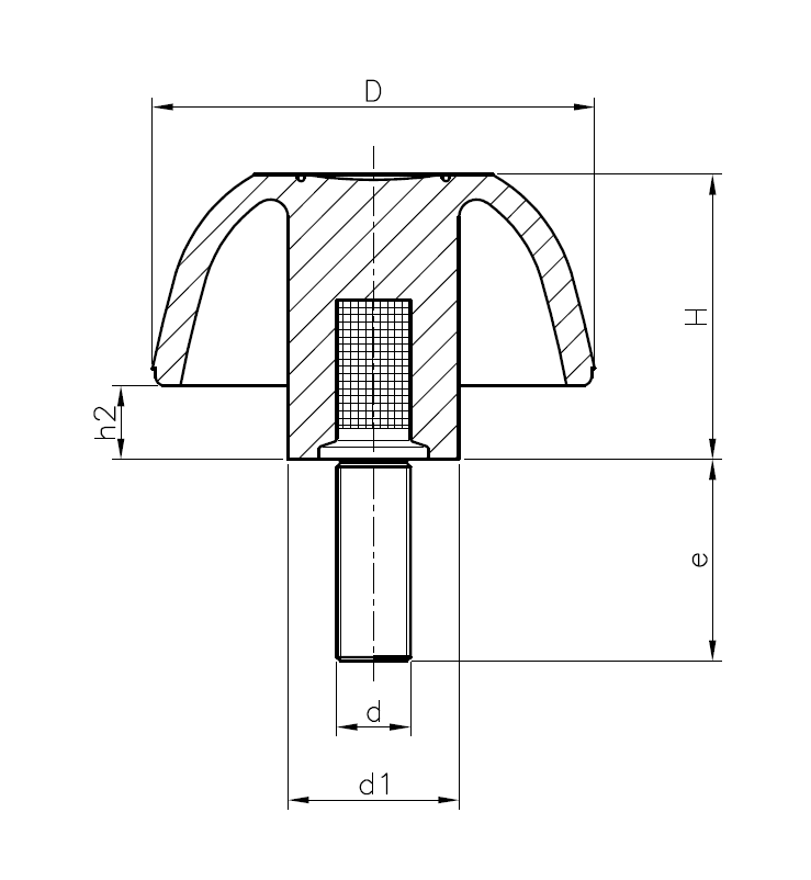 Star knob, glass fiber reinforced polyamide, male thread M6, D=40 mm, H=25mm
