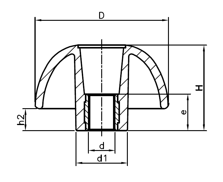 Star Knob, glass fiber reinforced polyamide, through thread M10, D=63 mm, H=40mm