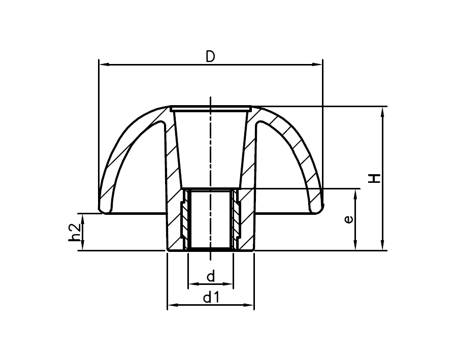 Star knob, glass fiber reinforced polyamide, through thread M10, D=63 mm, H=40mm