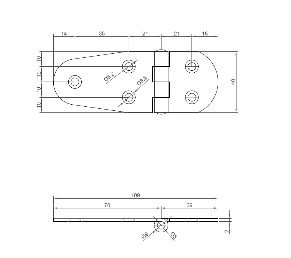 Butt hinge w/holes, stainless steel, L=40, B=109, T=2